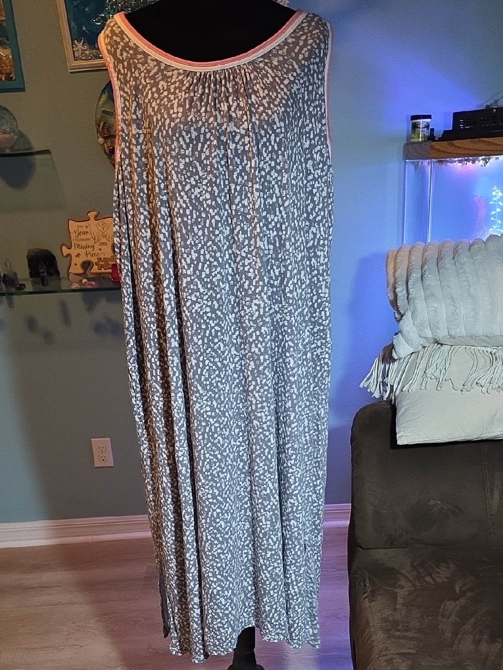 Secret Treasures Gray and White Printed Sleeveless Nightgown with Pink Trim
